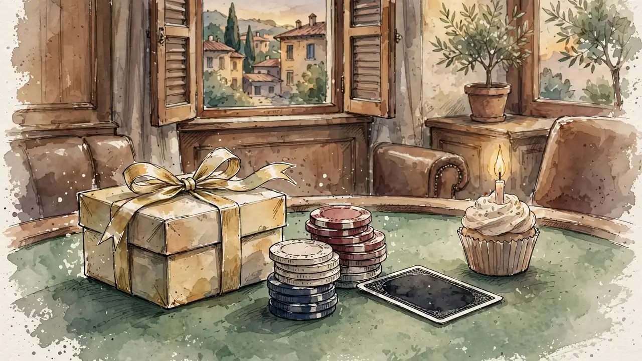 Una scatola regalo dorata su un tavolo da casinò con fiches e una candelina di compleanno.
