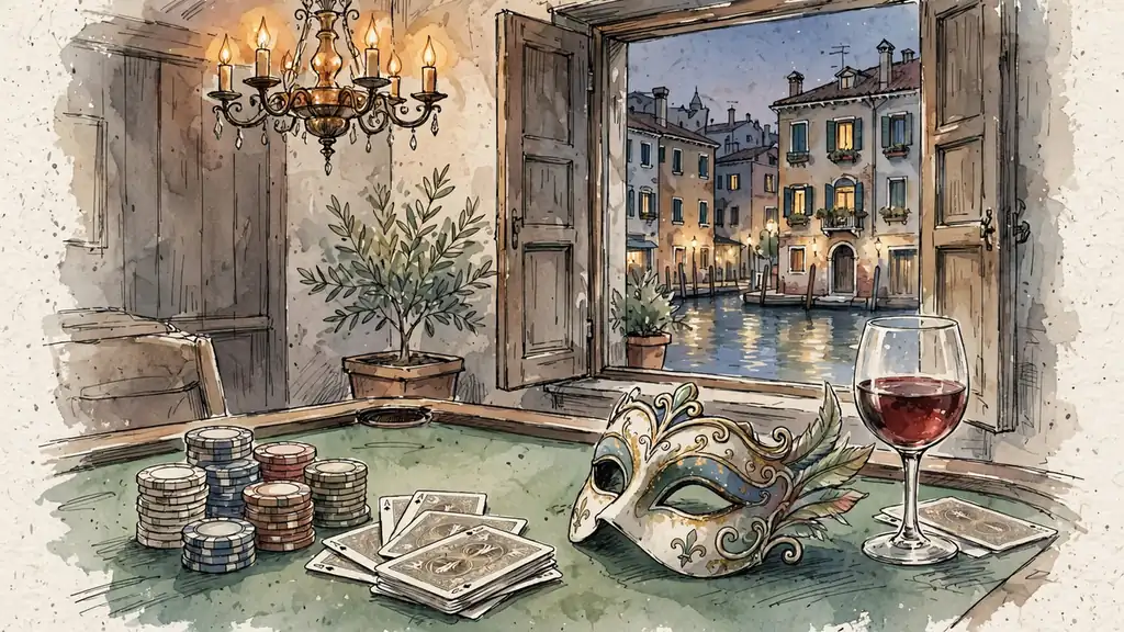 Sala da gioco italiana con fiches, carte e maschera veneziana sul tavolo verde.