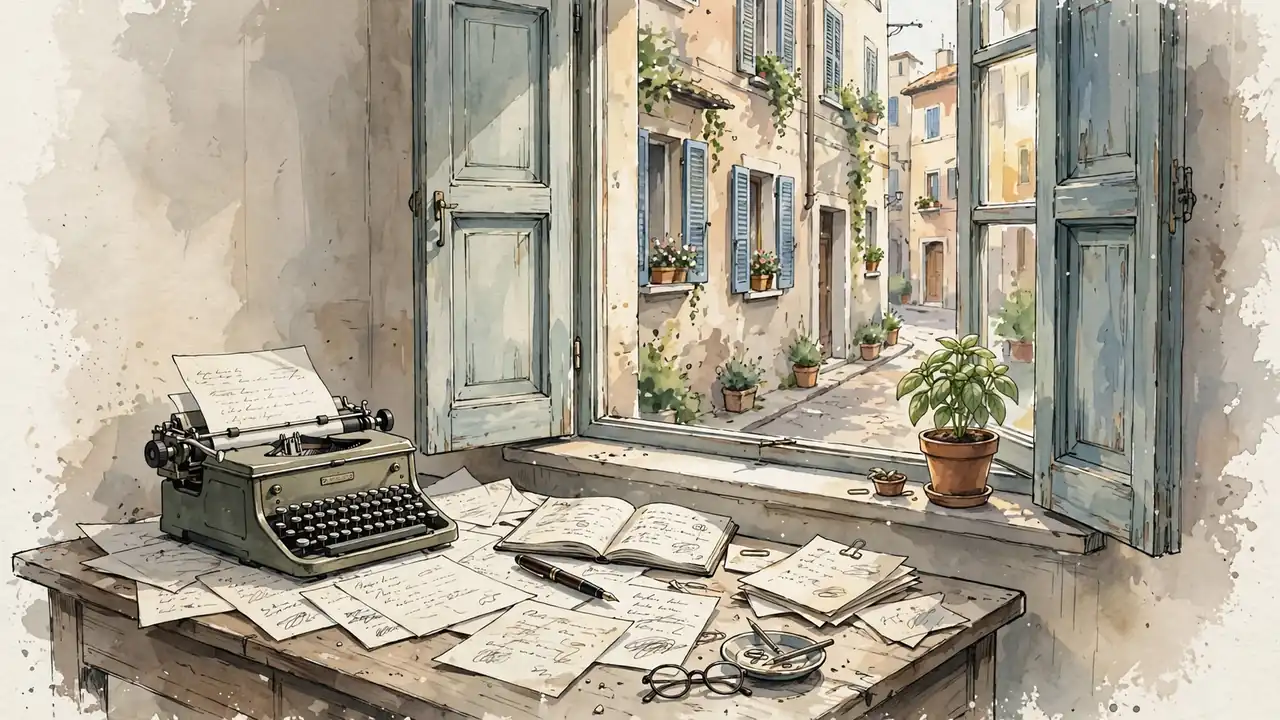 Scrivania di una redazione italiana con macchina da scrivere e penna vicino a una finestra luminosa.