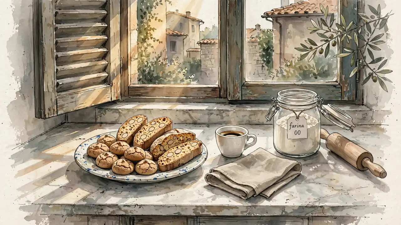 Vassoio di biscotti italiani tradizionali con tazzina di espresso su un bancone di marmo