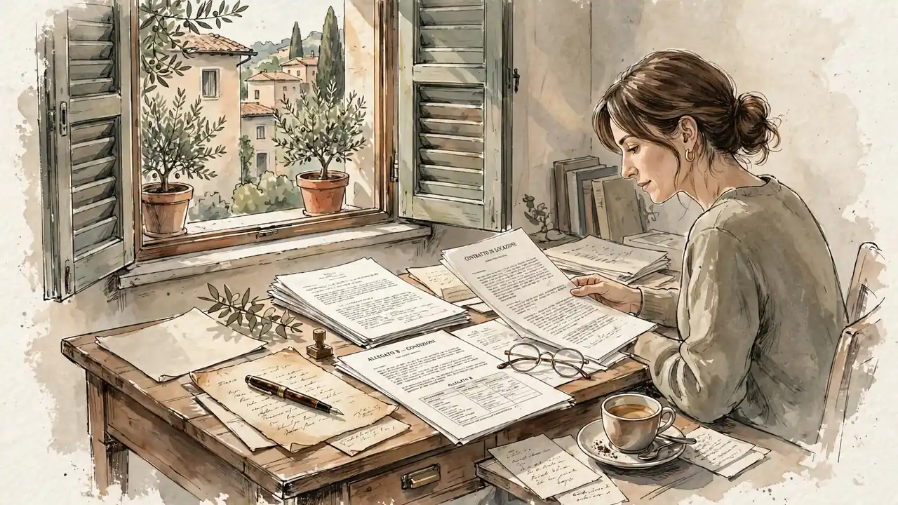 Scrivania italiana in legno con documenti formali, penna stilografica, occhiali da lettura e caffè espresso