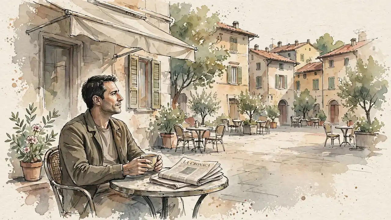 Uomo seduto in un caffè italiano che riflette con calma davanti a un espresso.