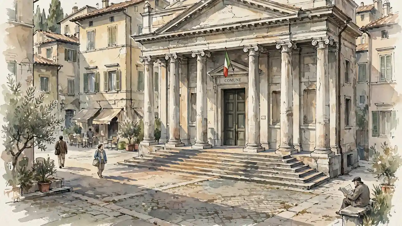 Facciata neoclassica di un edificio governativo italiano con colonne e bandiera.