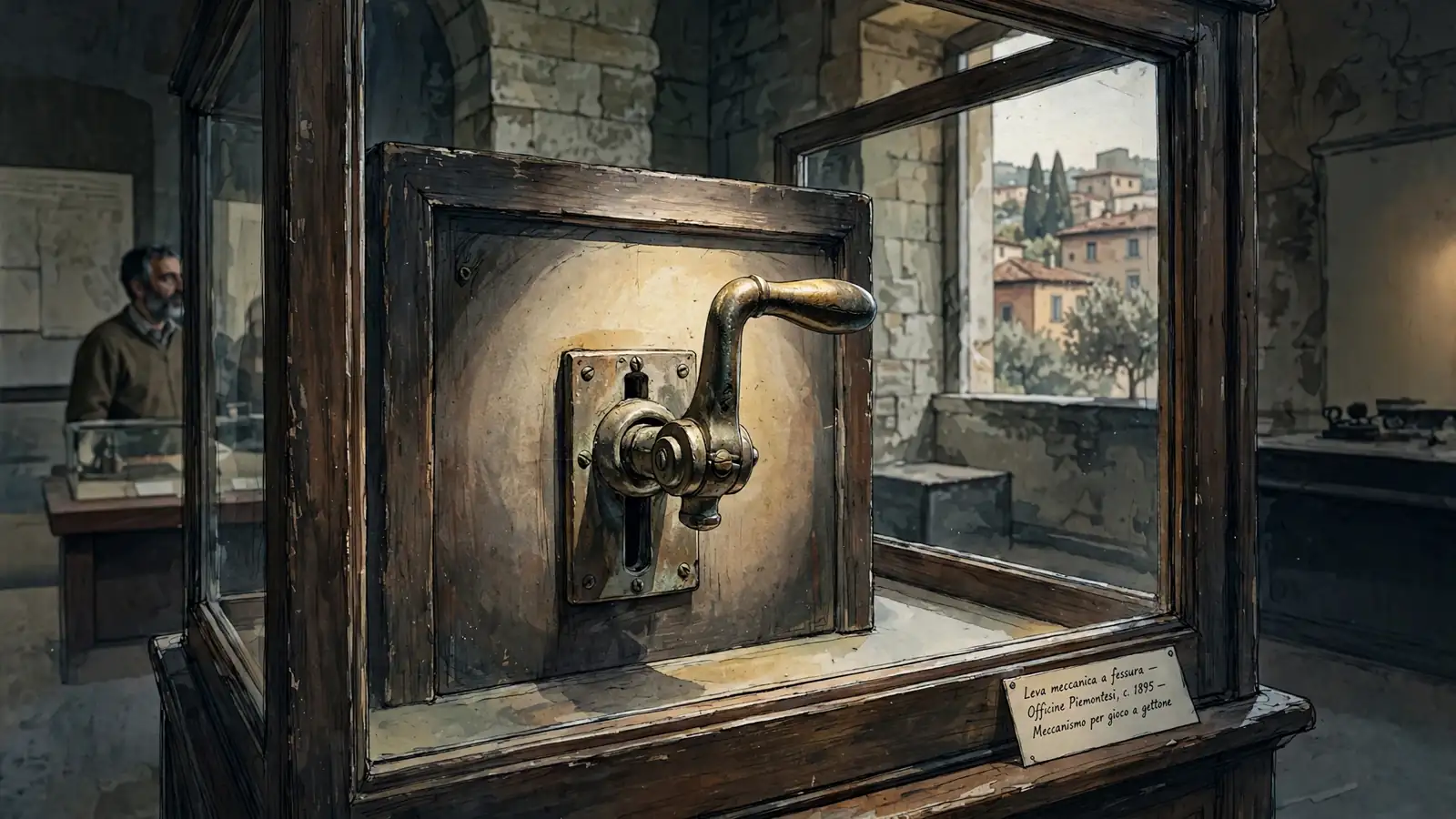 Leva di una vecchia slot meccanica esposta in un museo italiano.