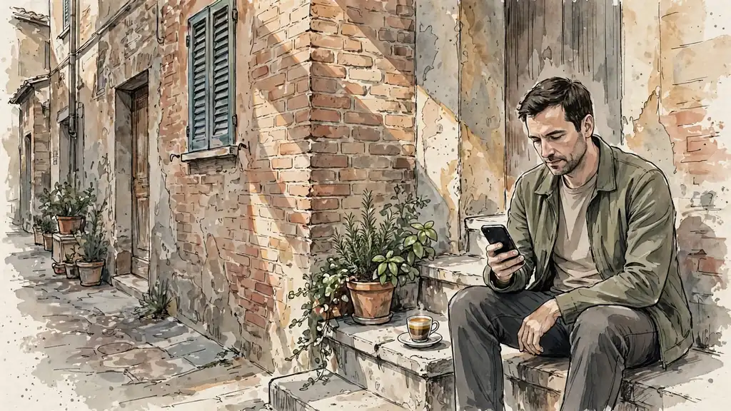 Uomo con smartphone seduto su un gradino in un vicolo italiano.