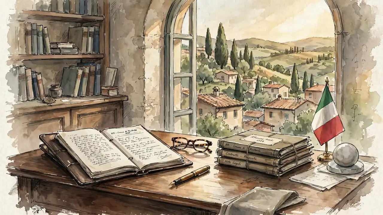 Scrivania di legno in studio italiano con documenti legali e vista su colline toscane