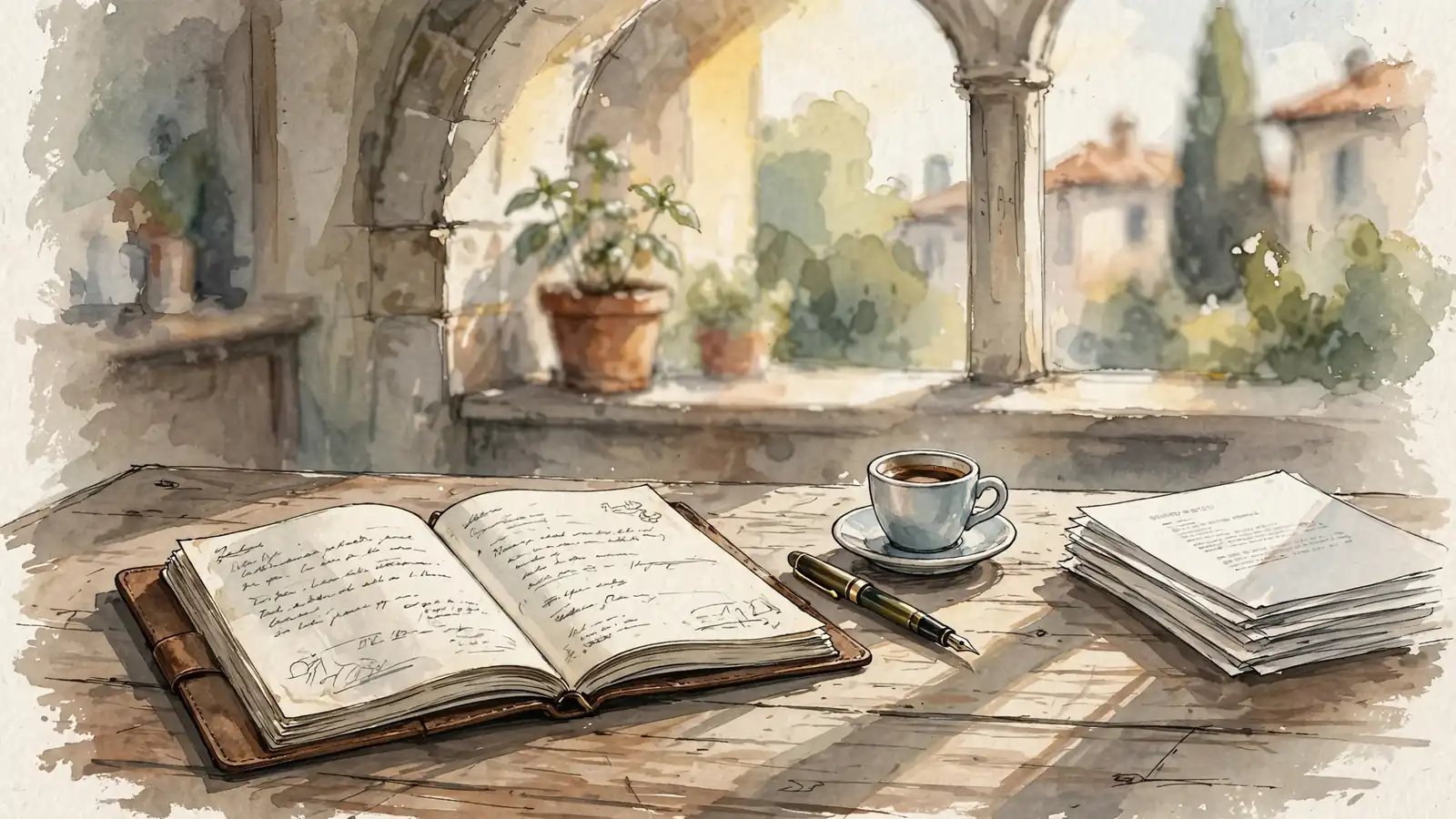 Quaderno aperto e penna su scrivania con luce da finestra italiana
